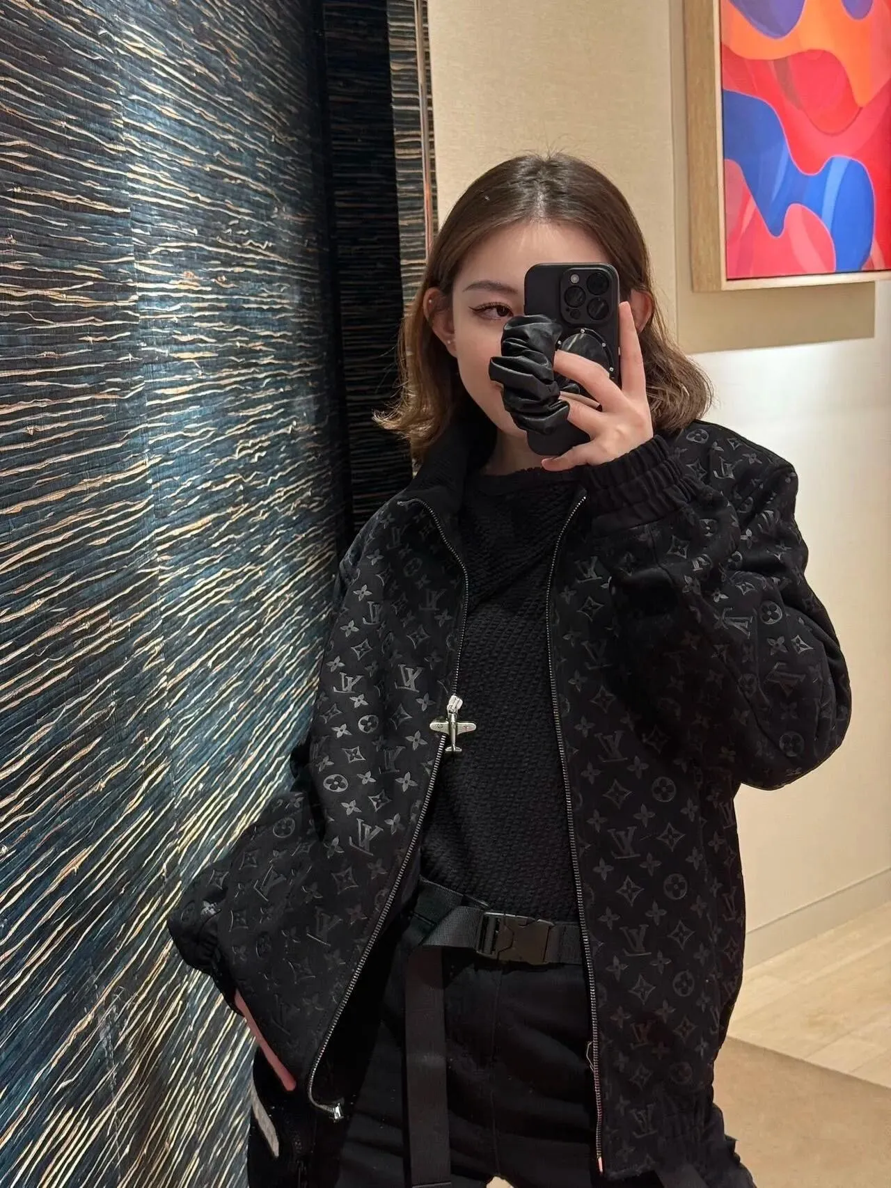 Louis Vuitton/Louis Vuitton aircraft button all-over printed embossed suede stand-collar jacket